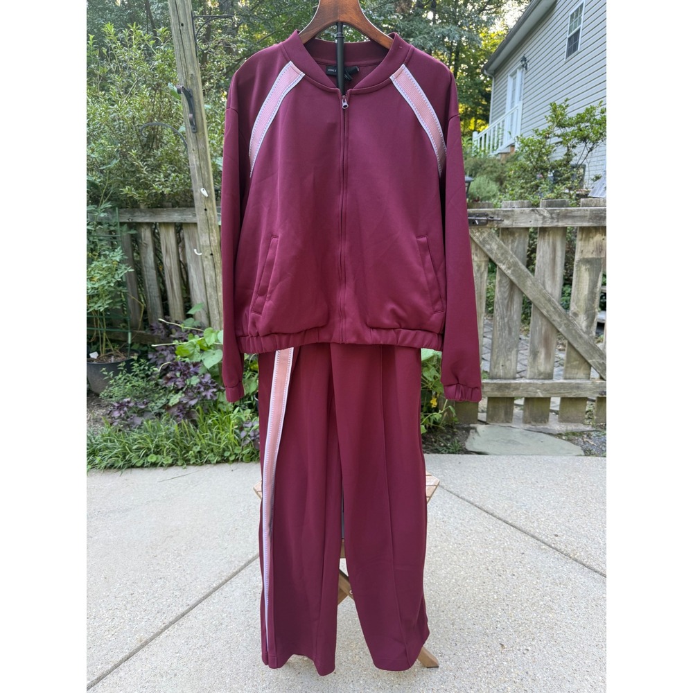Ashley Stewart Womens Plus Tracksuit Set Burgundy Pink Stripe Jacket Pants 22/24